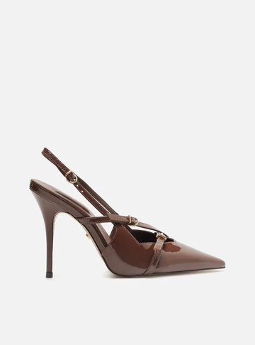 Scarpin Marrom Verniz Salto Fino Slingback Tiras