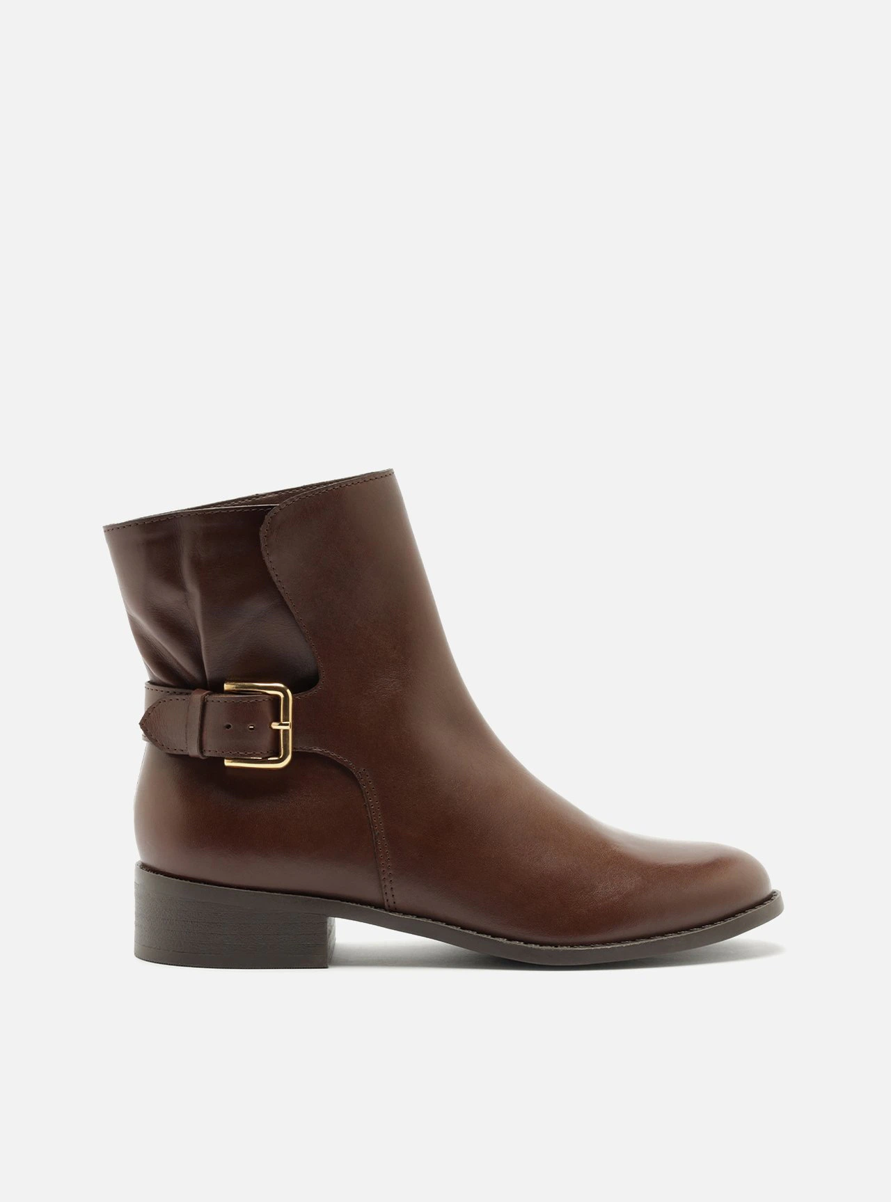 Bota Marrom Couro Cano Curto Salto Baixo Fivela