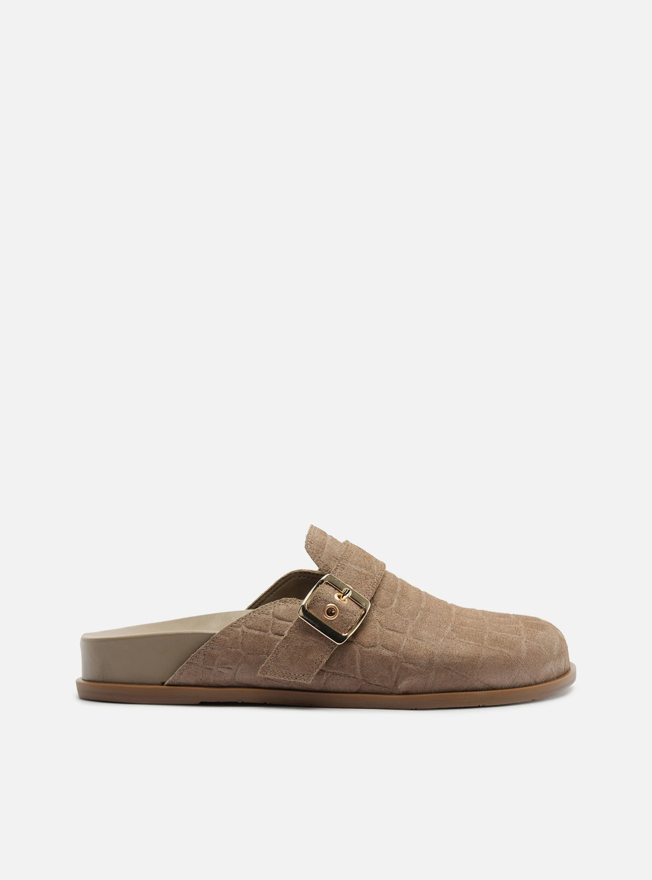 Mule Clog Cinza Acamurçada Croco Fivela