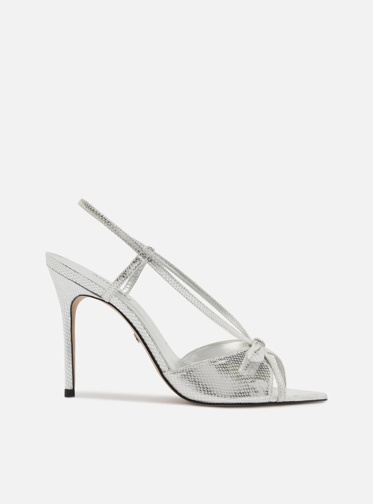 Sandália Prateada Salto Fino Snake Laço Slingback