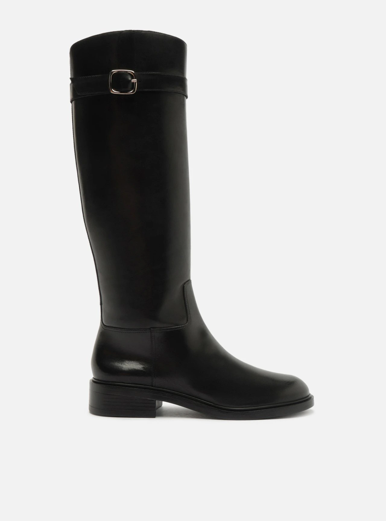 Bota Preta Couro Cano Longo Salto Bloco