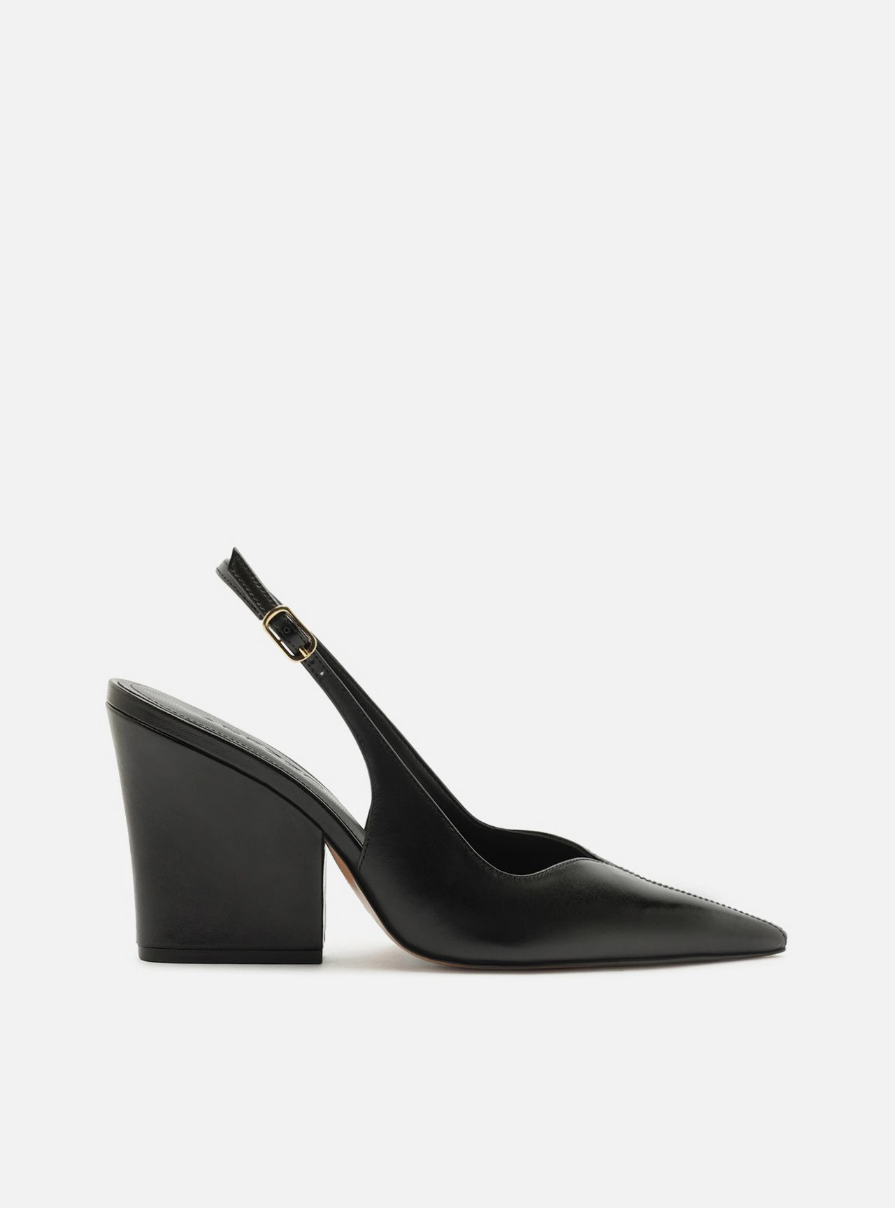 Scarpin Preto Couro Salto Bloco Slingback