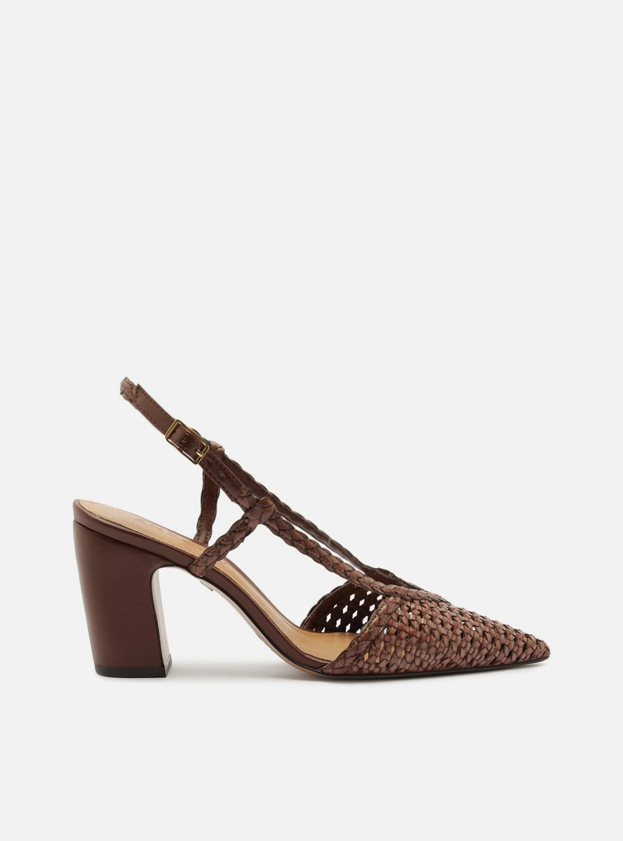 Scarpin Marrom Trançado Salto Médio Bloco Slingback