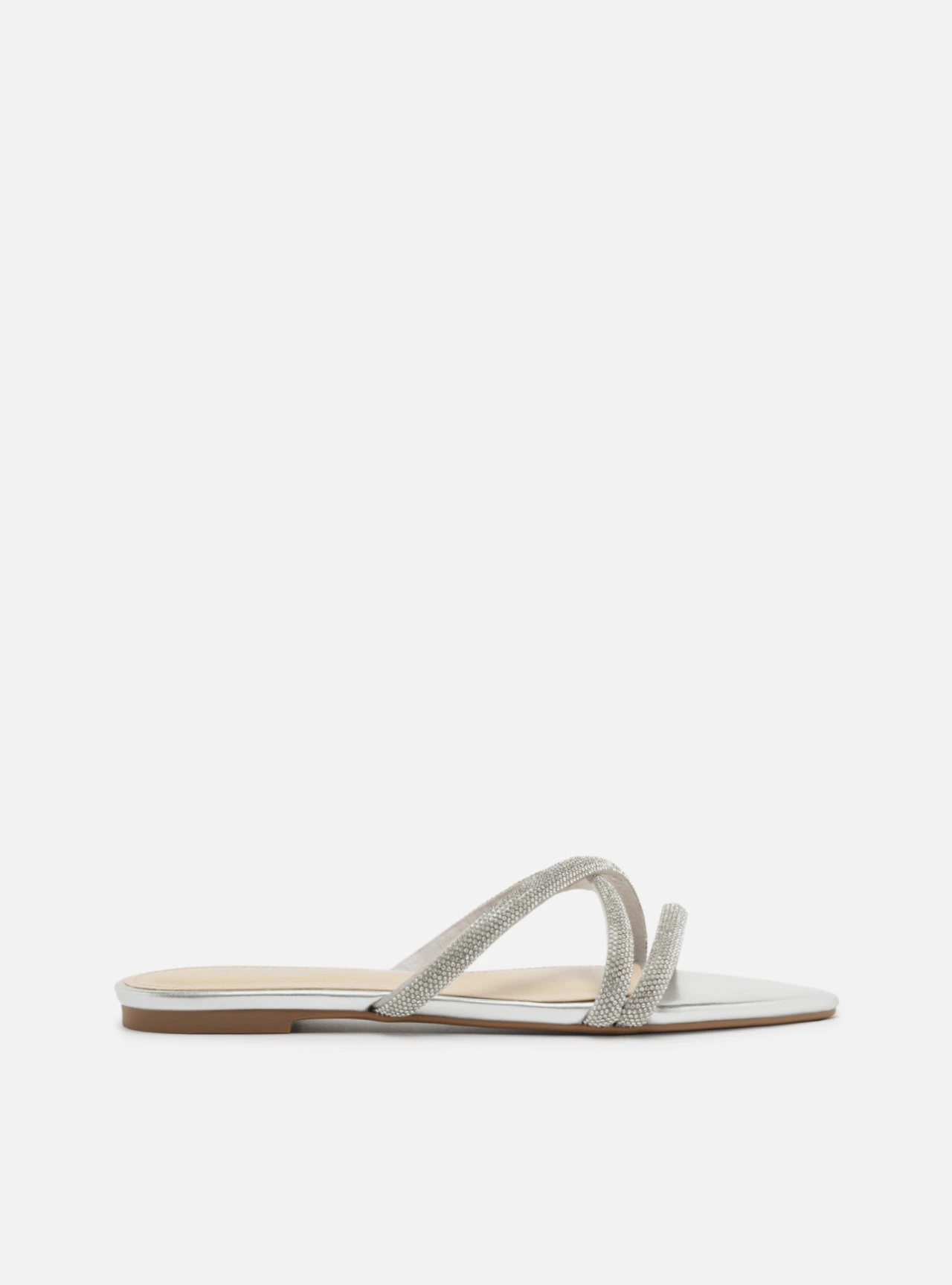 Rasteira Prata Flat Bico Folha Tiras Strass