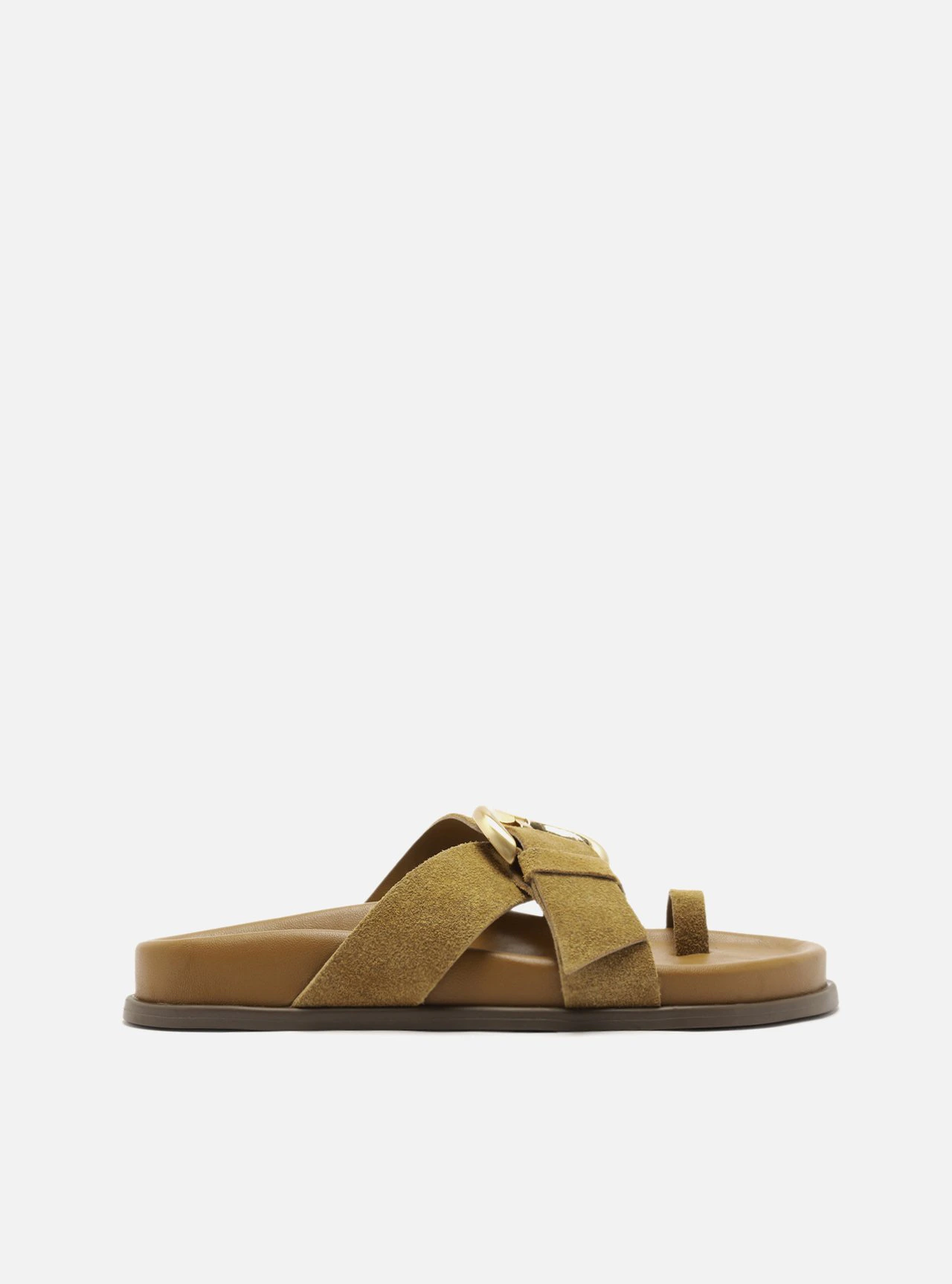 Sandália Papete Marrom Acamurçada Flatform Fivela Dourada