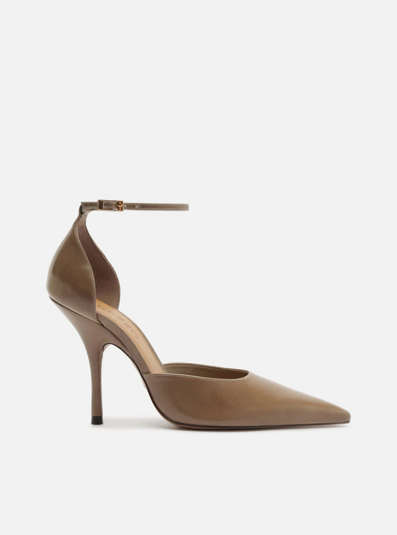 Scarpin Cinza Couro Salto Alto Fivela