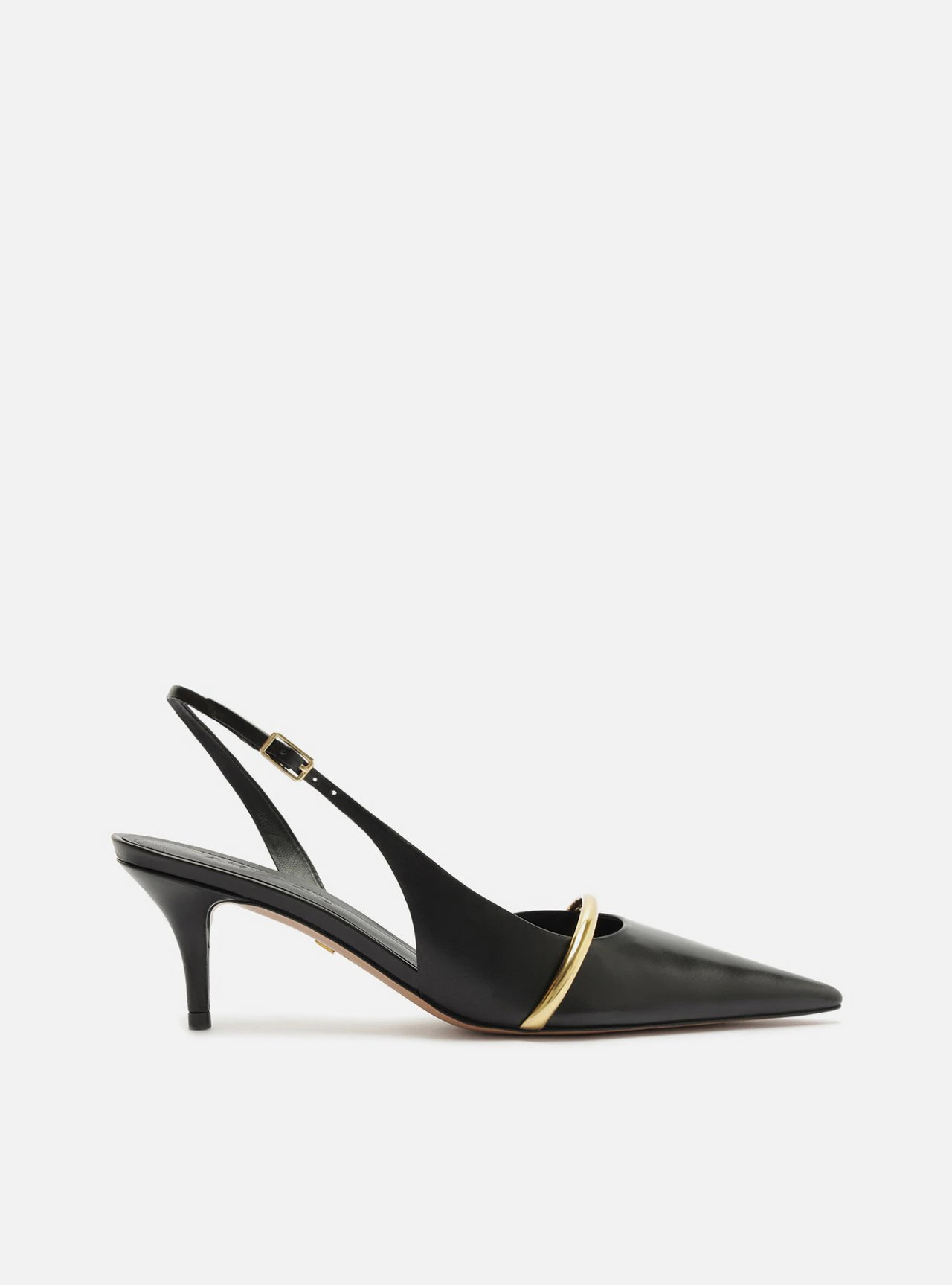 Scarpin Preto Slingback Salto Fino Metal Dourado