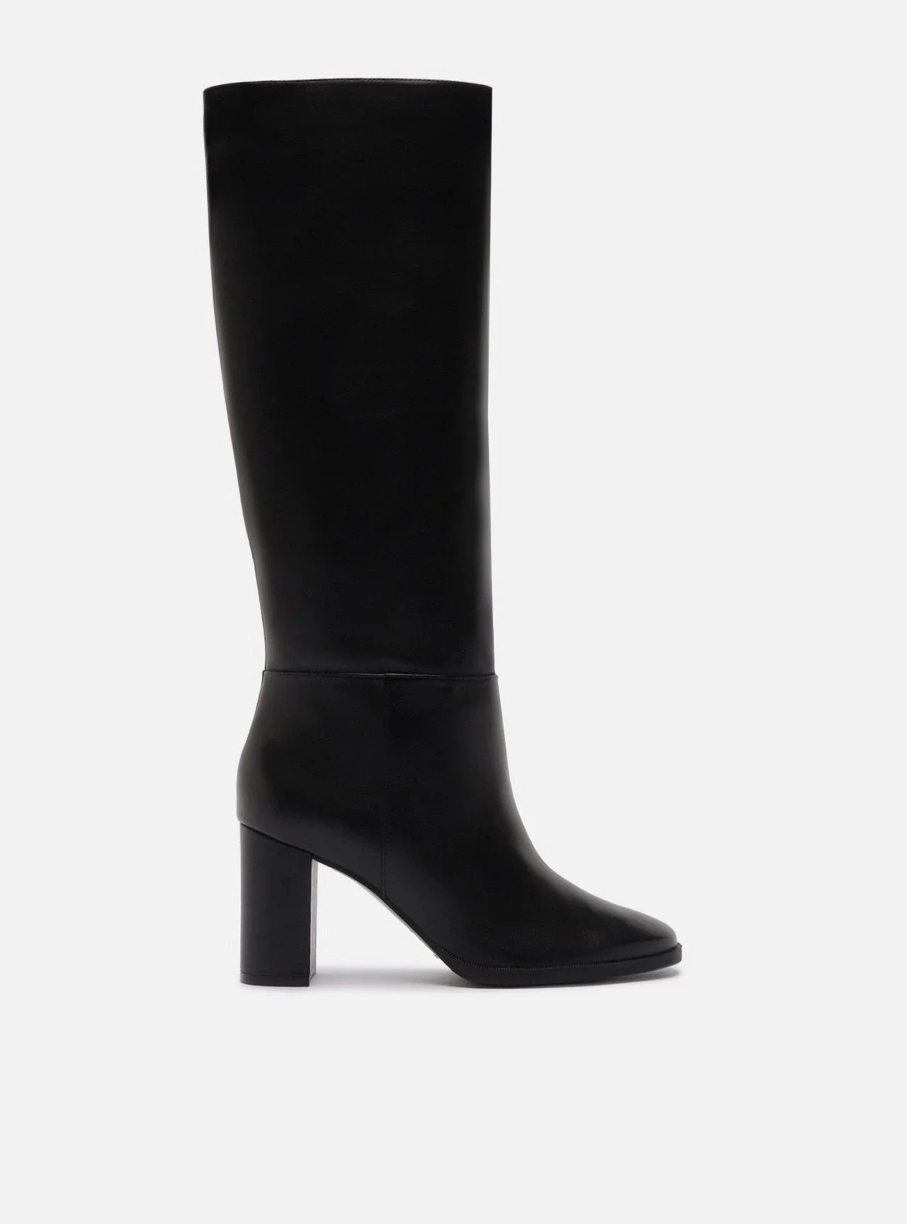 Bota Preta Couro Cano Longo Salto Médio Bloco