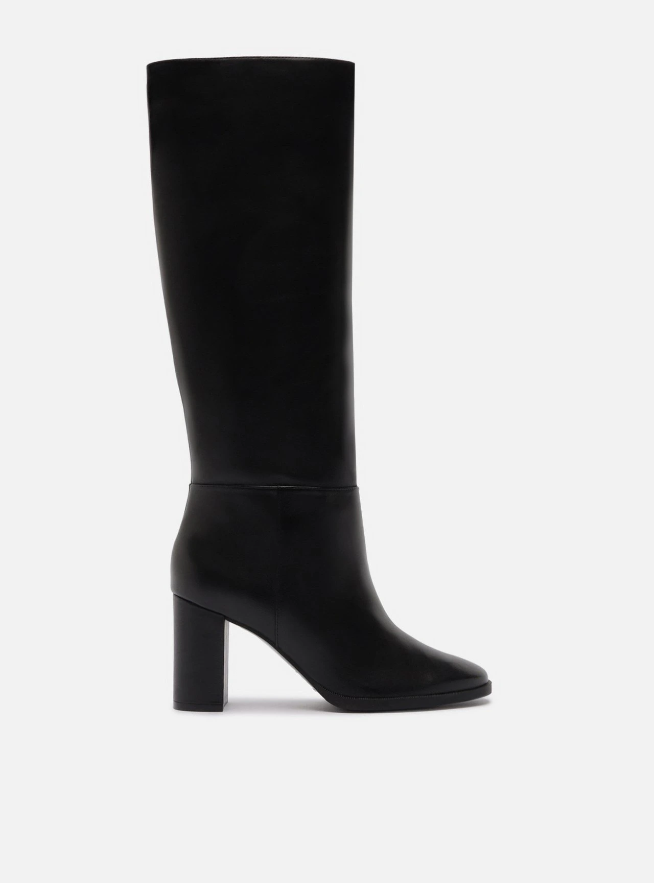 Bota Preta Couro Cano Longo Salto Médio Bloco