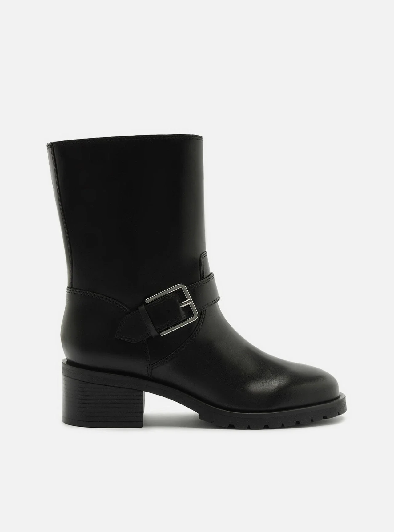 Bota Preta Couro Cano Médio Salto Bloco