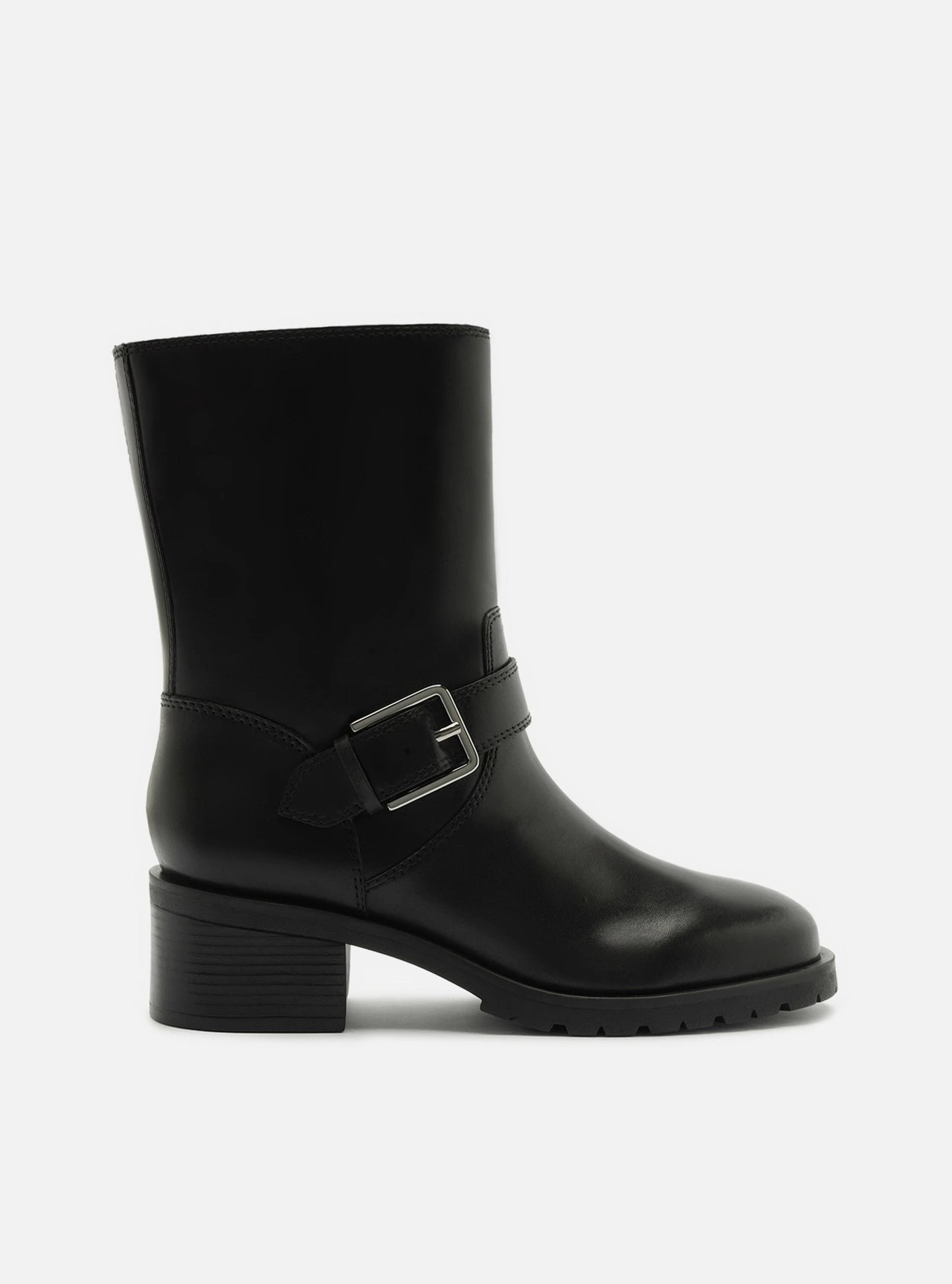 Bota Preta Couro Cano Médio Salto Bloco