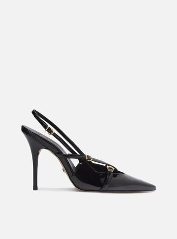 Scarpin Preto Verniz Salto Alto Slingback Amélia