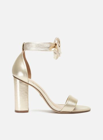 Sandália Dourada Couro Salto Bloco Lace Up