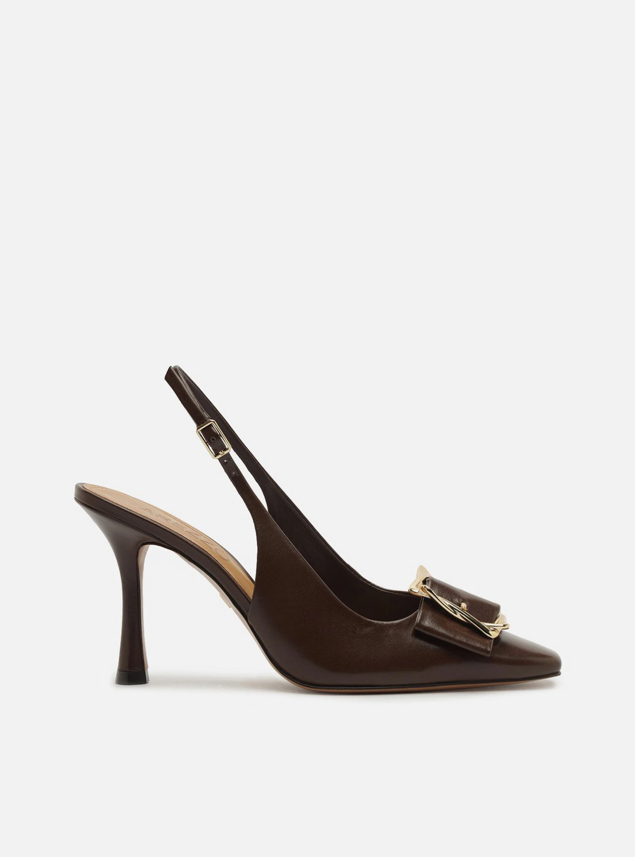 Scarpin Marrom Couro Slingback Salto Alto Fivela