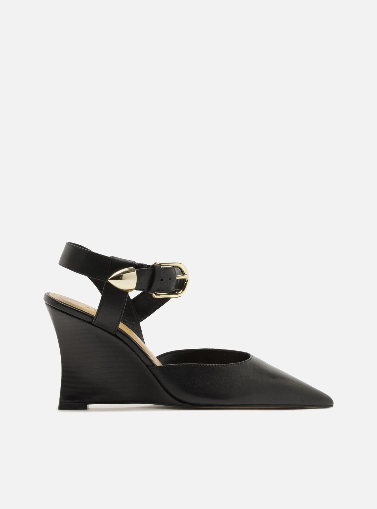 Scarpin Preto Couro Anabela Tiras Fivela