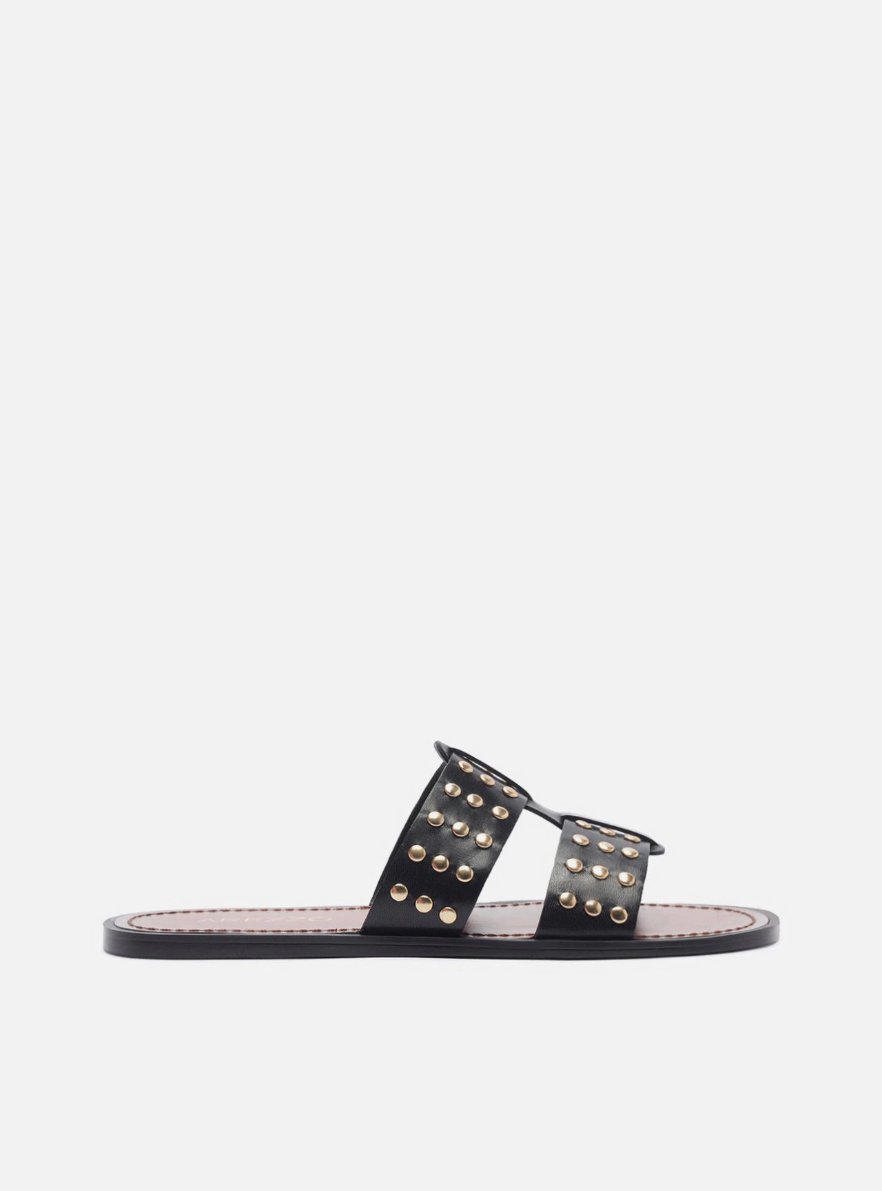 Sandália Rasteira Preta Couro Studs