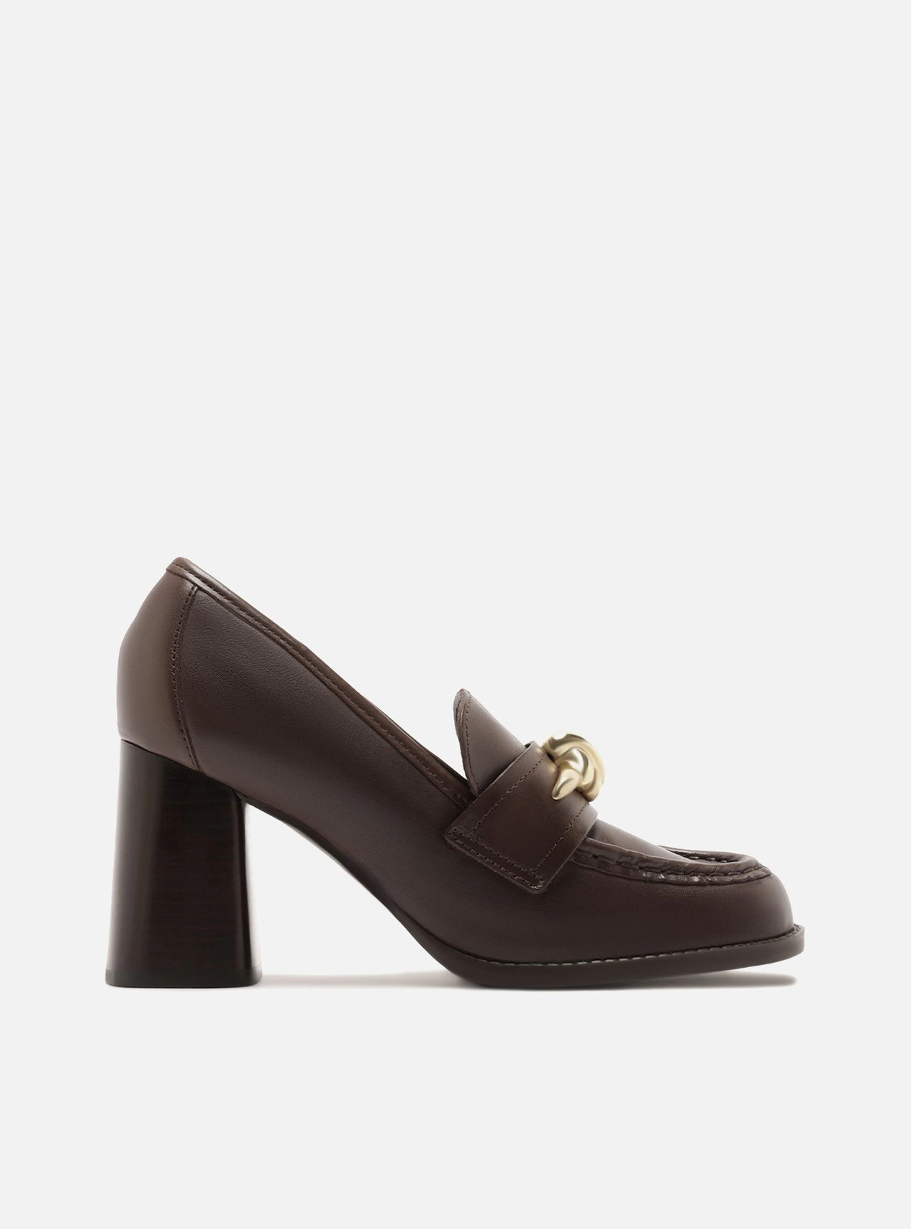 Loafer Marrom Couro Salto Bloco Metal Nó