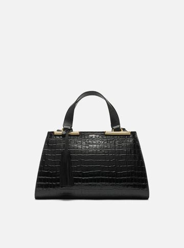 Bolsa Tote Preta Couro Croco Média Barbicacho