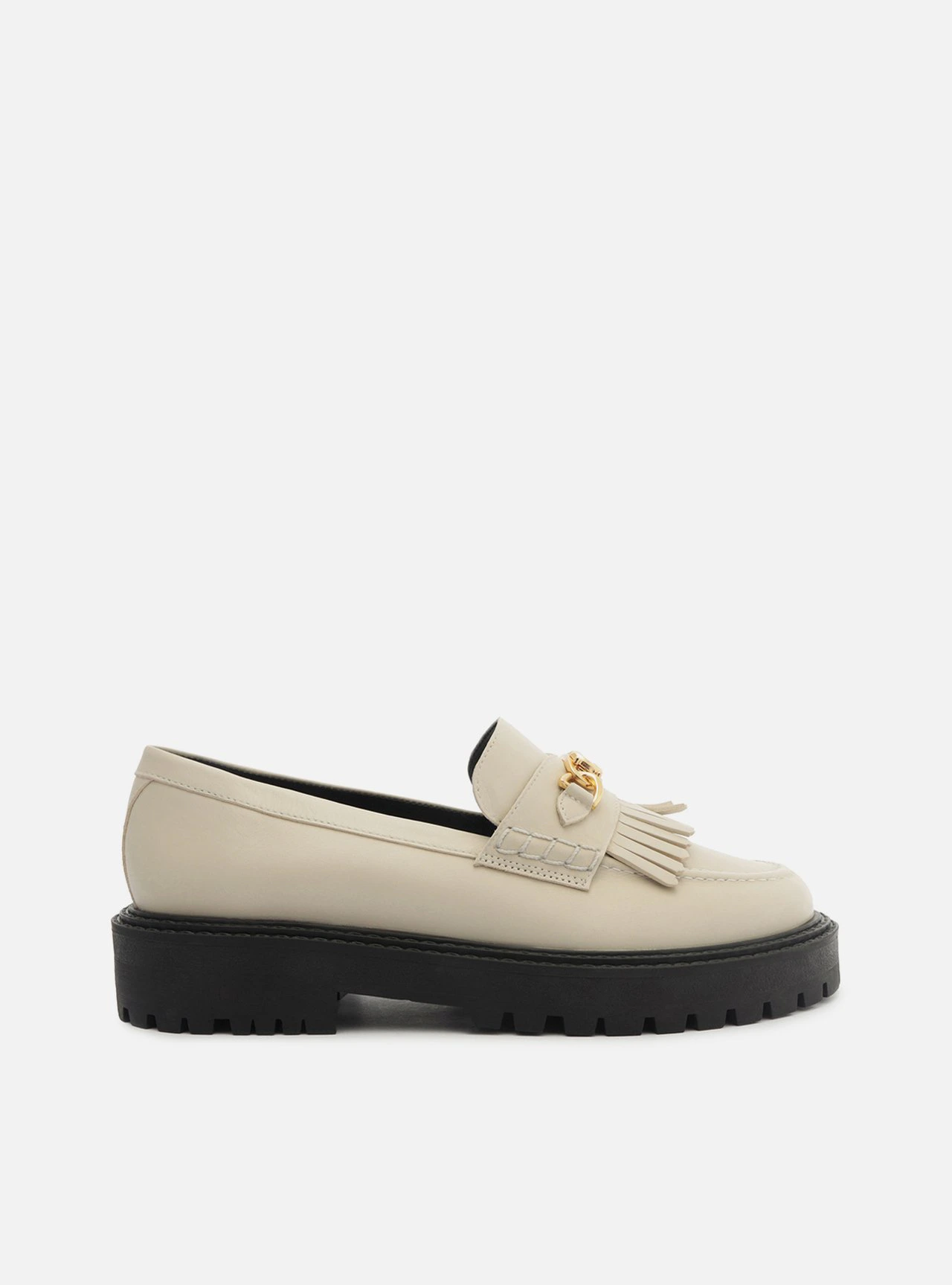 Mocassim Nude Salto Tratorado Franjas