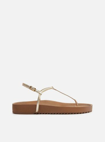 Sandália Papete Dourada Flatform Tiras Slim