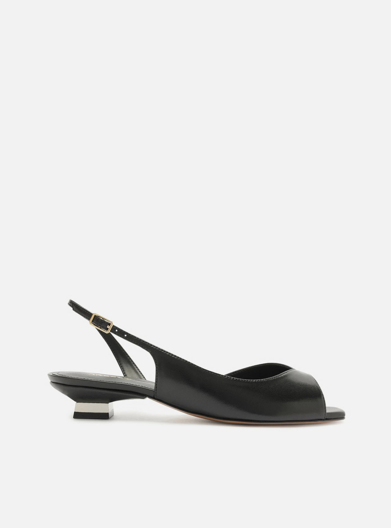 Scarpin Preto Couro Salto Bloco Slingback