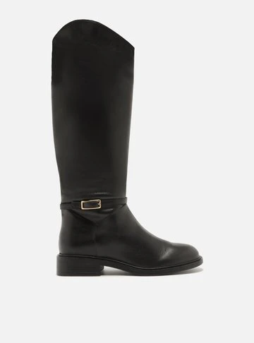 Bota Preta Couro Cano Longo Montaria Fivela