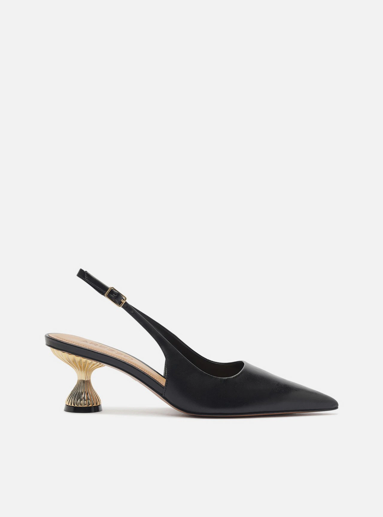 Scarpin Preto Couro Salto Geométrico Slingback