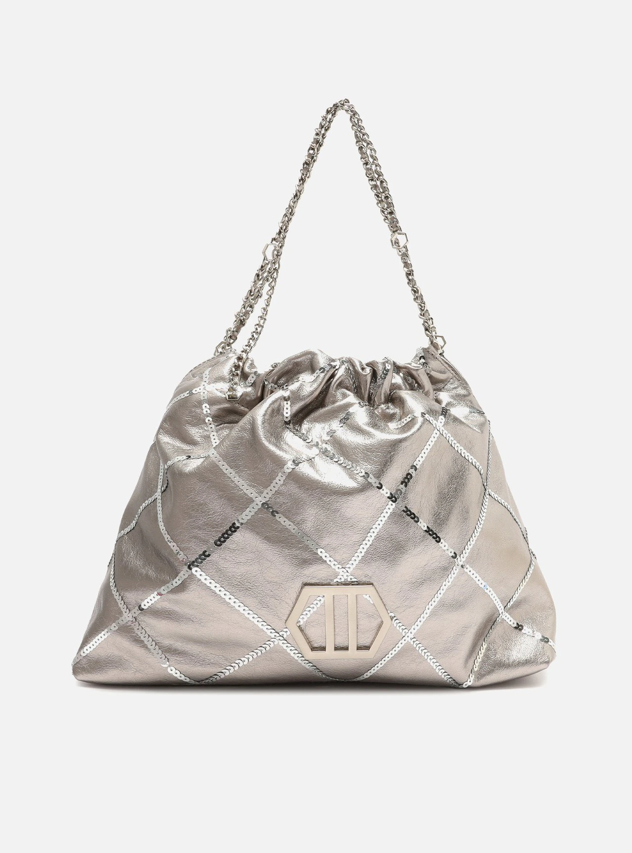 Bolsa Hobo Prateada Couro Grande Matelassê Corrente Esther