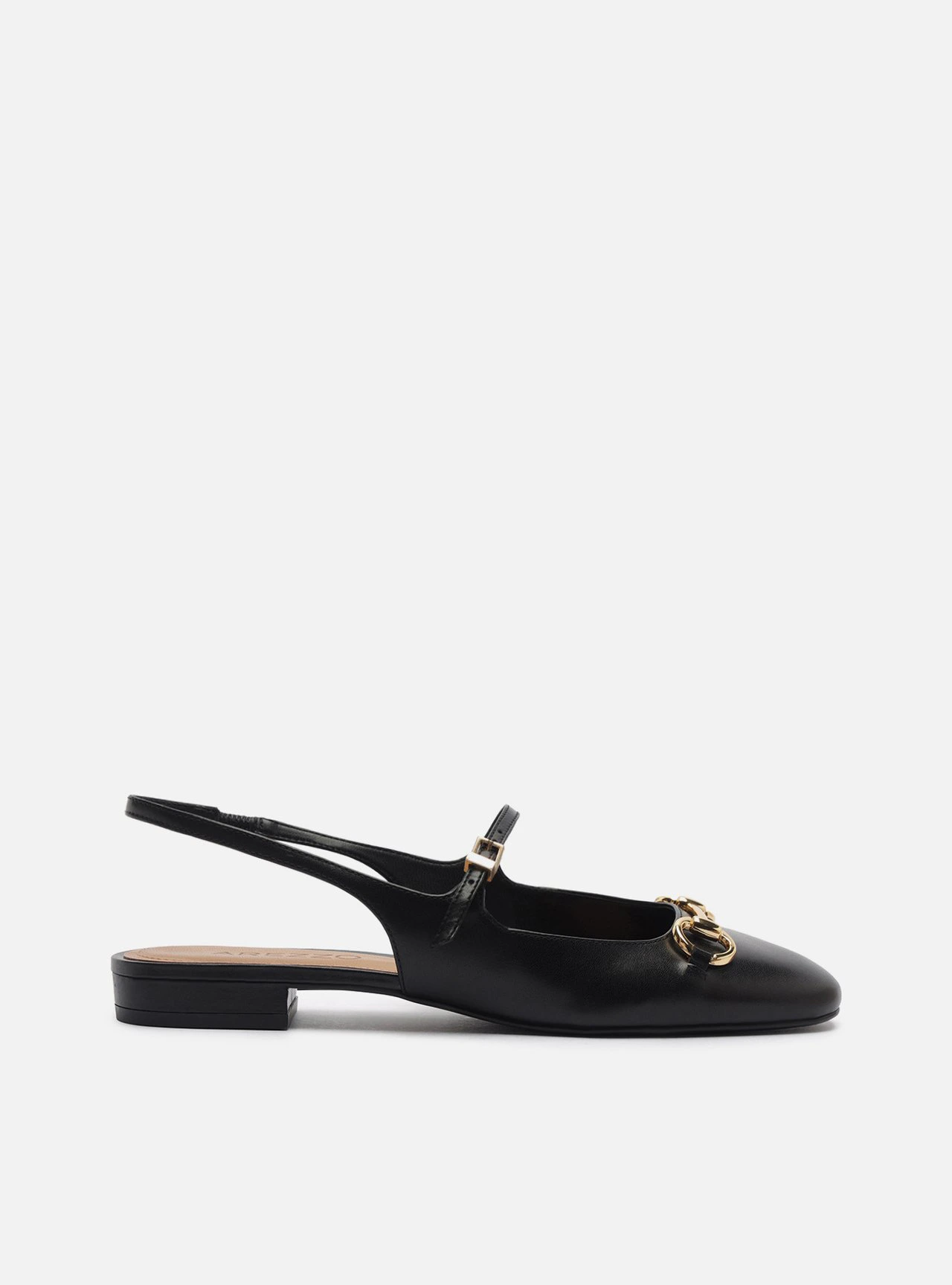 Sapatilha Preta Couro Bico Redondo Bridão Slingback