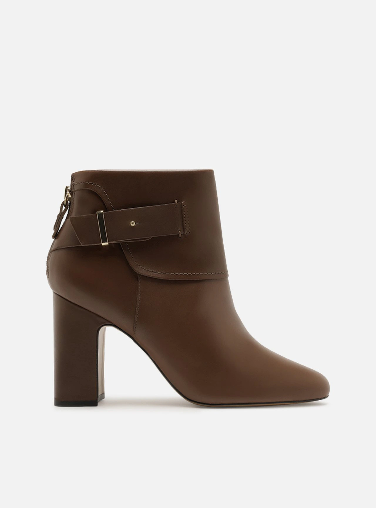 Bota Couro Salto Bloco Bico Redondo Fivela Marrom