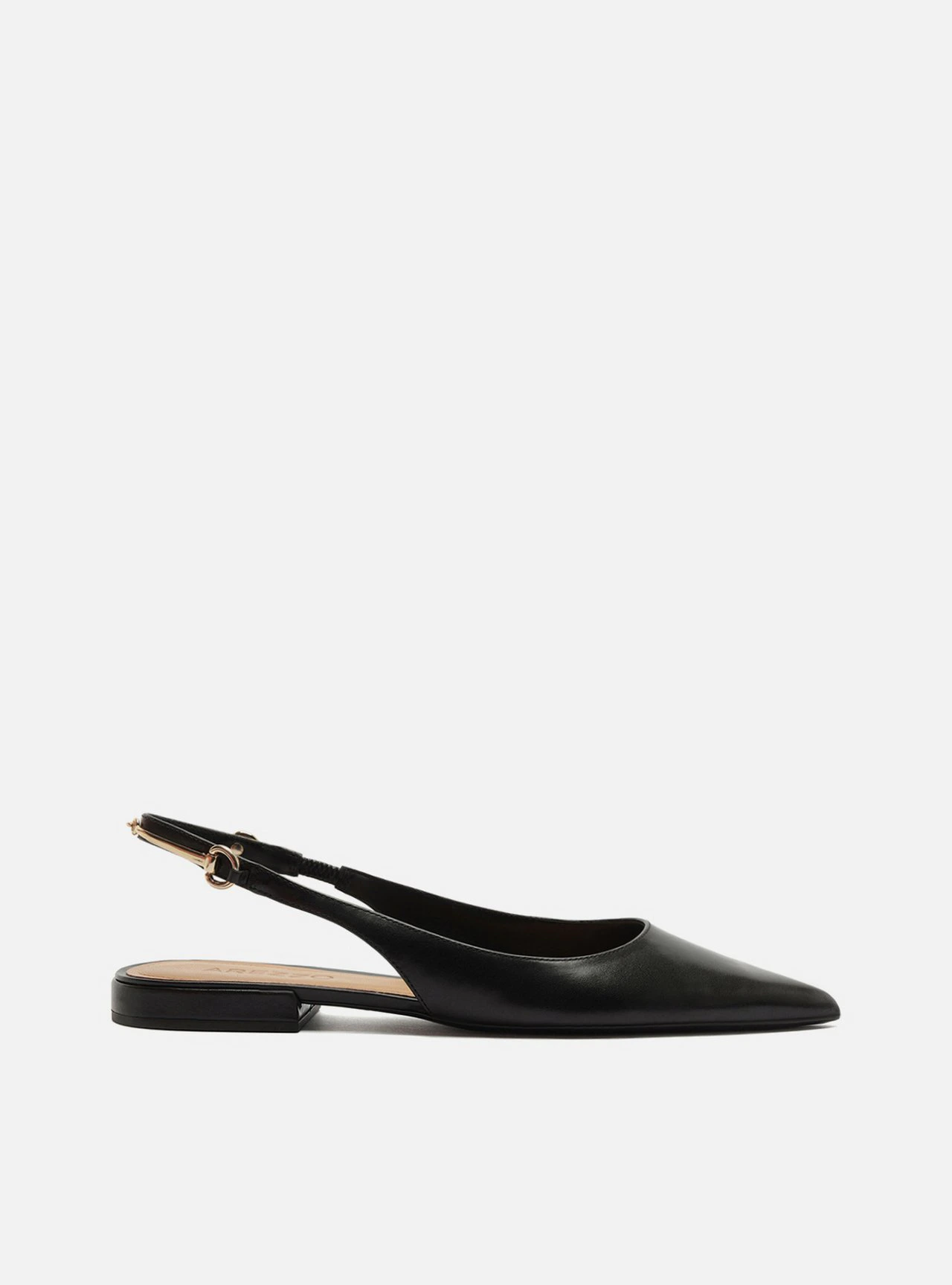 Sapatilha Preta Couro Bico Fino Slingback Metais