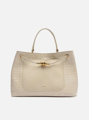 Bolsa Tote Branca Couro Tressê Grande Nó Metal