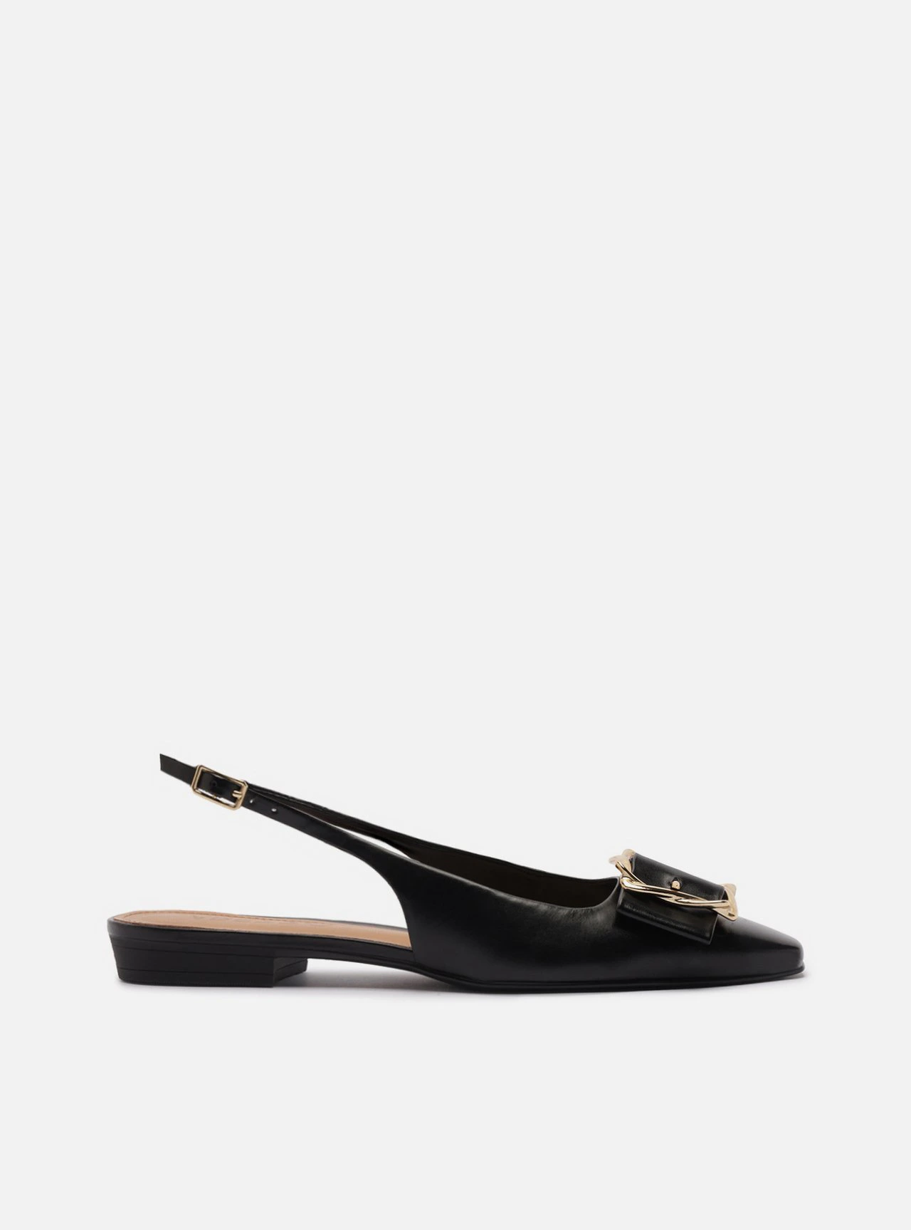 Sapatilha Preta Couro Slingback Fivela Metal