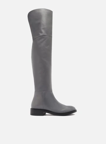 Bota Over The Knee Cinza Couro Salto Bloco