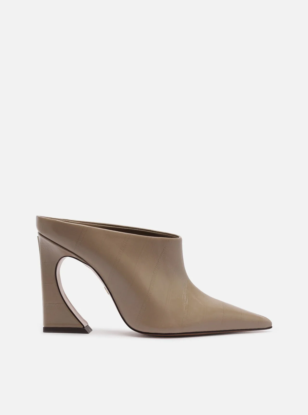 Mule Cinza Couro Textura Salto Alto Flare