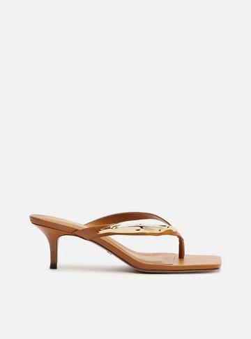 Tamanco Thong Marrom Couro Salto Fino Flip Flop Metal