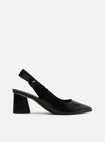 Scarpin Preto Couro Bloco Slingback Laço
