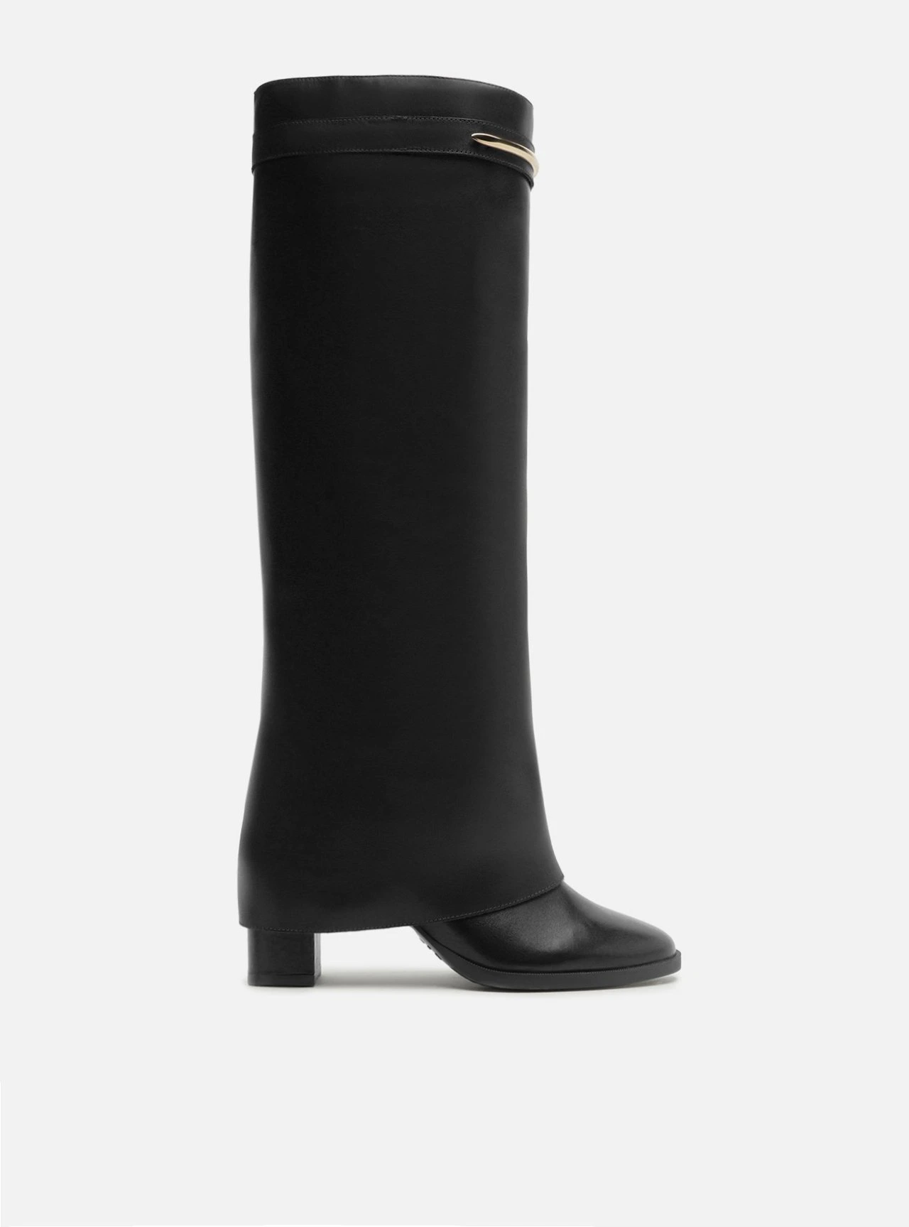Bota Preta Couro Cano Médio Salto Bloco