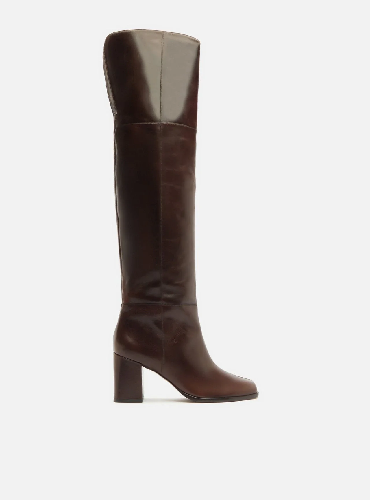 Bota Over The Knee Marrom Couro Salto Bloco Recorte