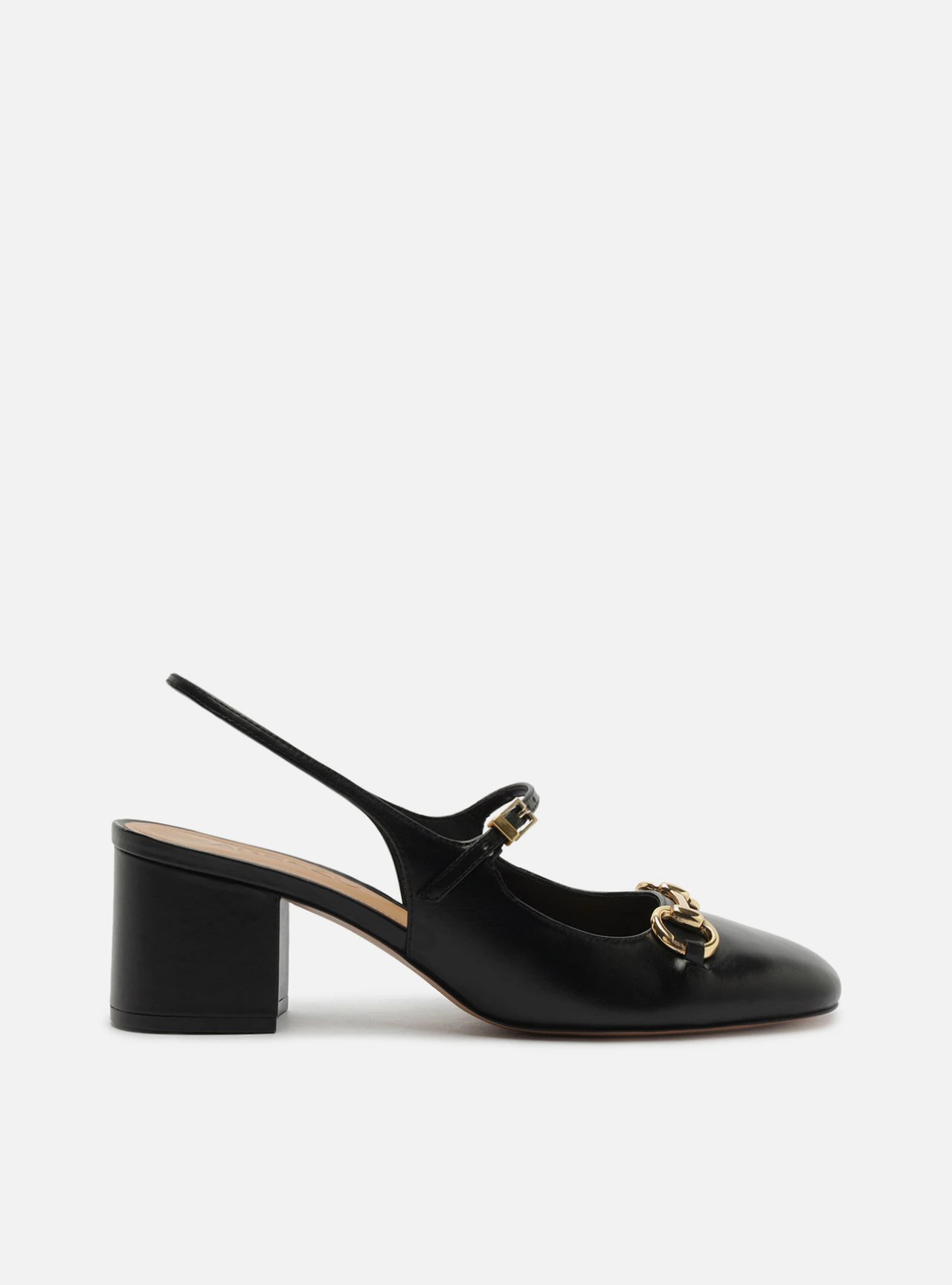 Scarpin Preto Couro Salto Bloco Bridão Slingback