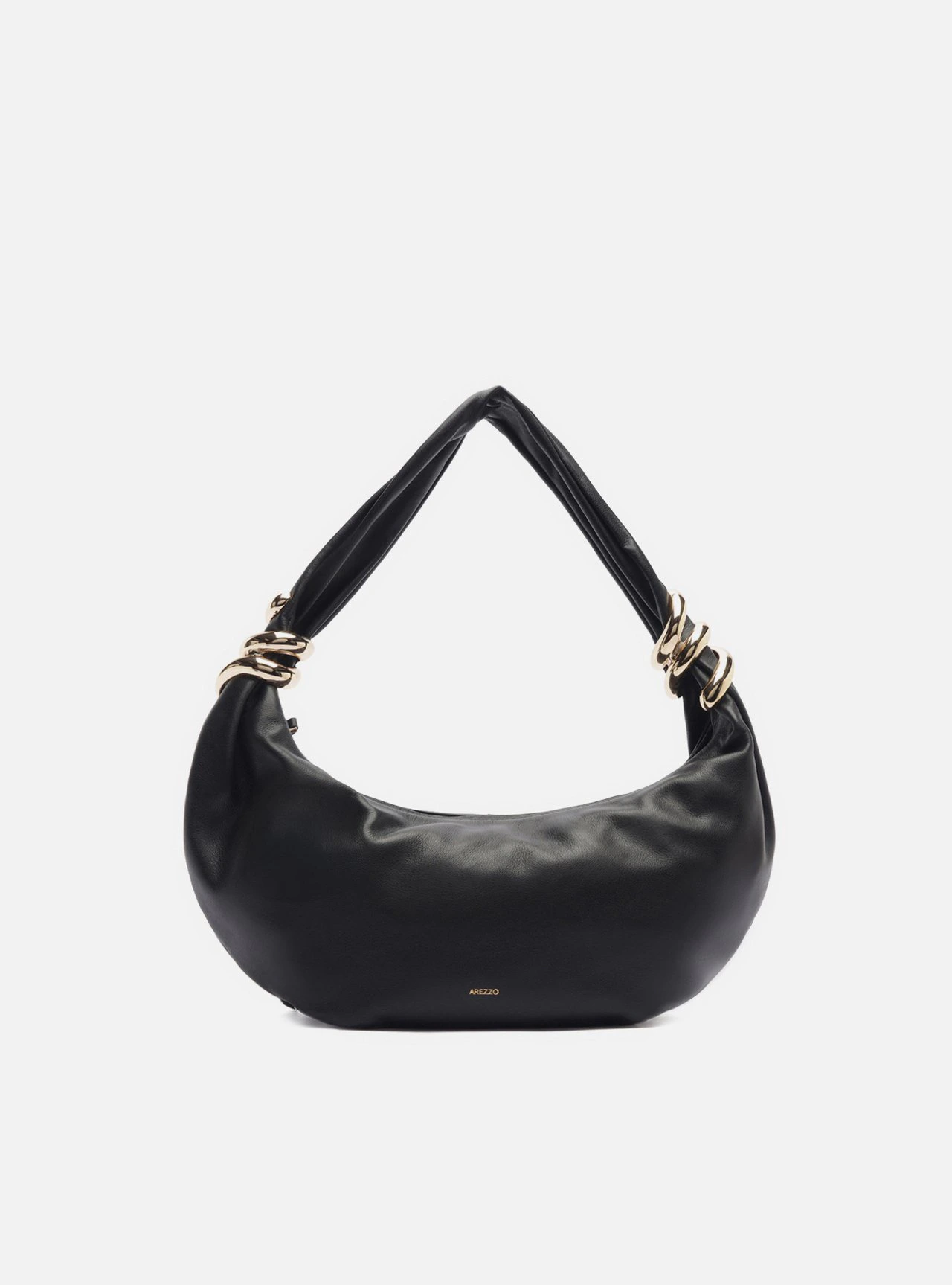 Bolsa Hobo Preta Couro Média Argolas Douradas