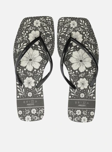 Chinelo de Dedo Preto Flat Brizza Estampa Flores