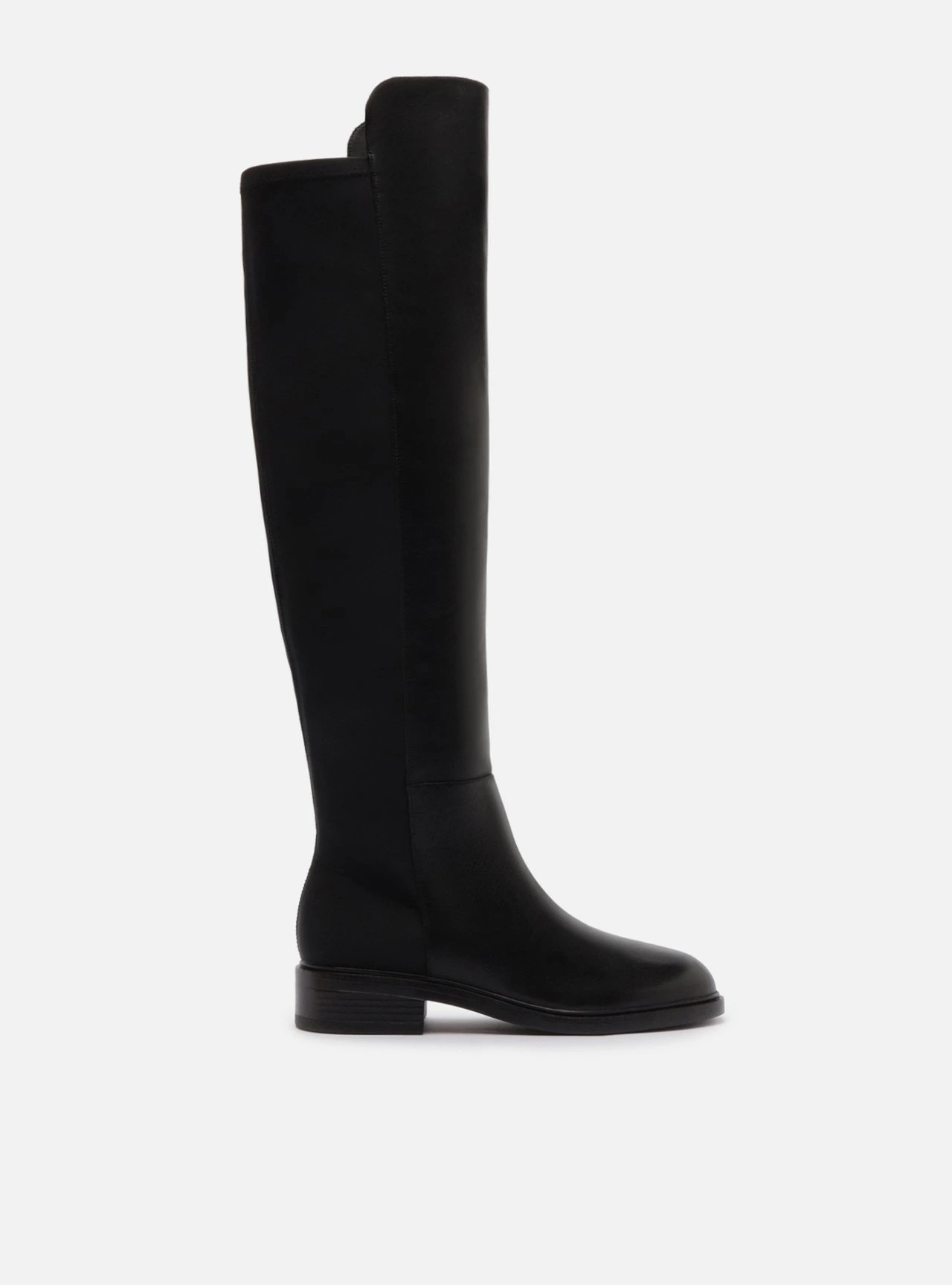 Bota Over The Knee Preta Couro Salto Baixo Tecido