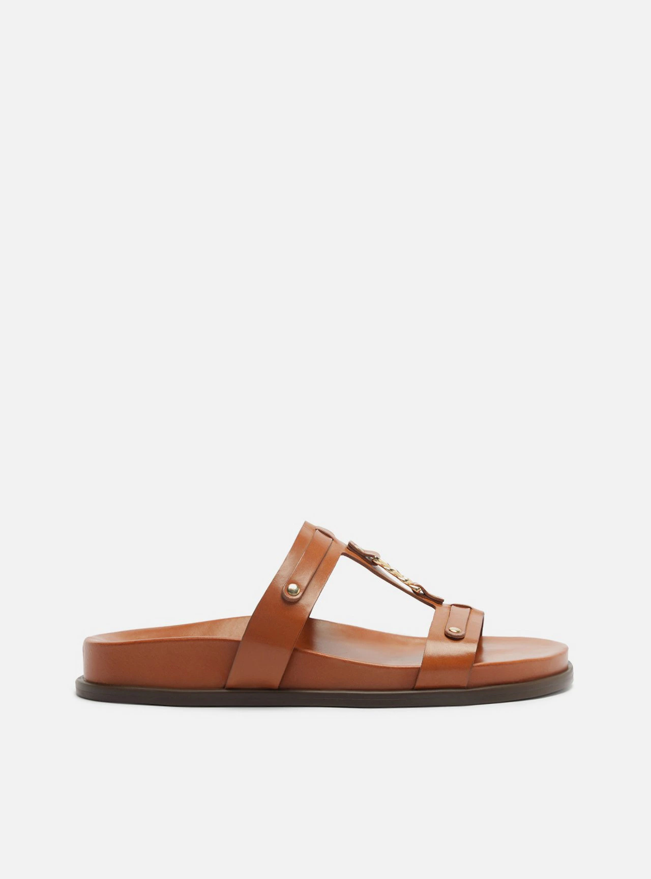 Sandália Papete Marrom Couro Flatform Metais