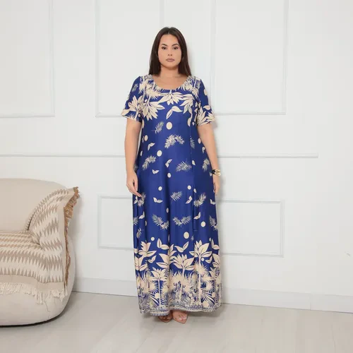 Vestido Longo Plus Size Manga Curta Roupa Feminina