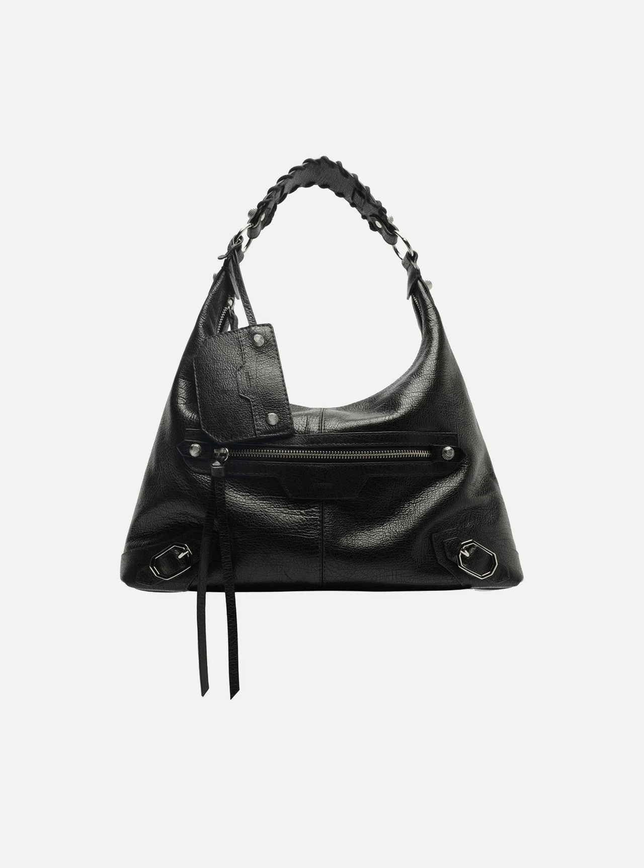 Bolsa Hobo Preta Couro Média Alça Tressê