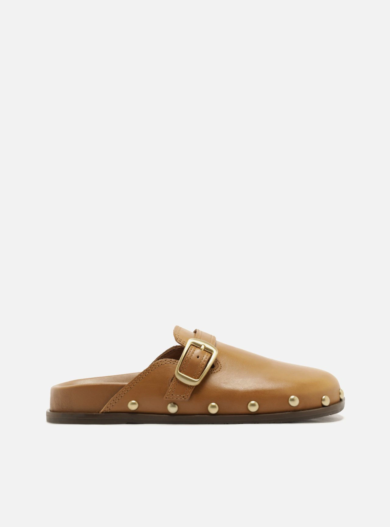 Mule Marrom Salto Bloco Fivela Tachas