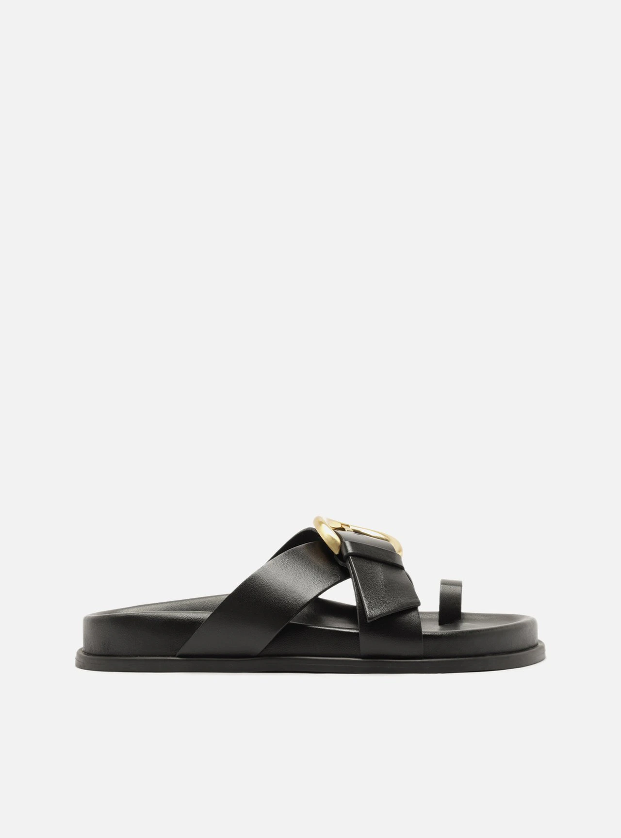 Sandália Papete Preta Couro Flatform Fivela Dourada