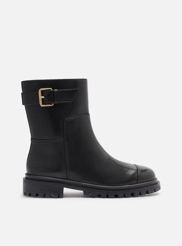 Bota Coturno Preta Couro Cano Curto Tratorada Fivela
