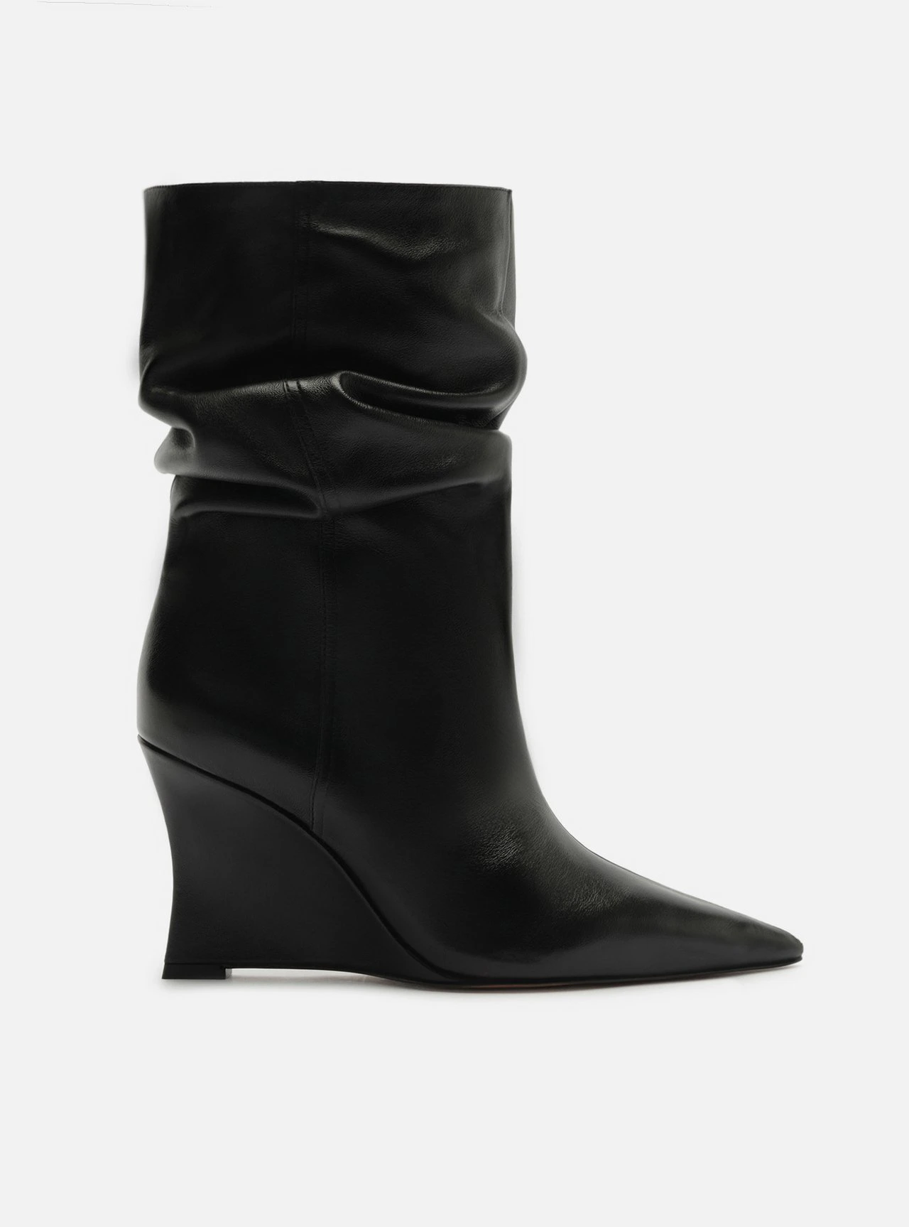 Bota Preta Couro Salto Anabela Alto Slouchy
